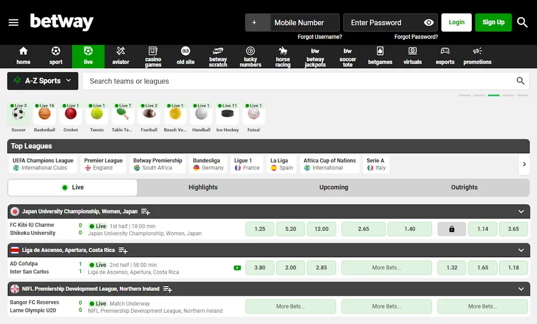 Betway Live Betting Screenshot